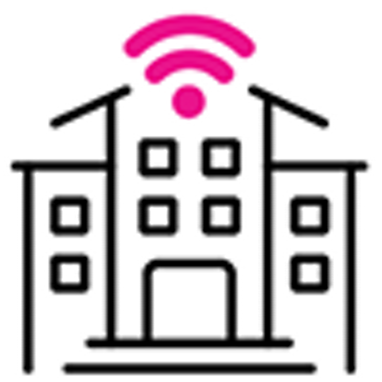 Icon of buildings with magenta Wi-Fi signal overlaid on them