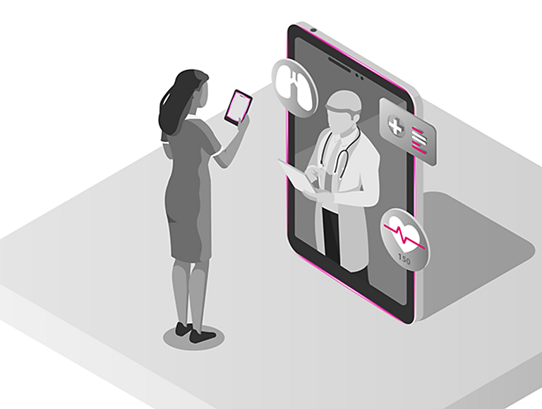 Illustration of doctor and patient conference on a tablet with icons of body parts and vital signs