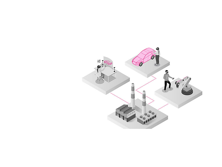 3D illustration of a manufacturing plant with 5G connecting remote workers using a mixture of connected devices (AR/VR wearables, laptops, tablets, etc.) for training purposes, collaborating on virtual 3D models and documents, remotely controlling manufacturing robots, etc.