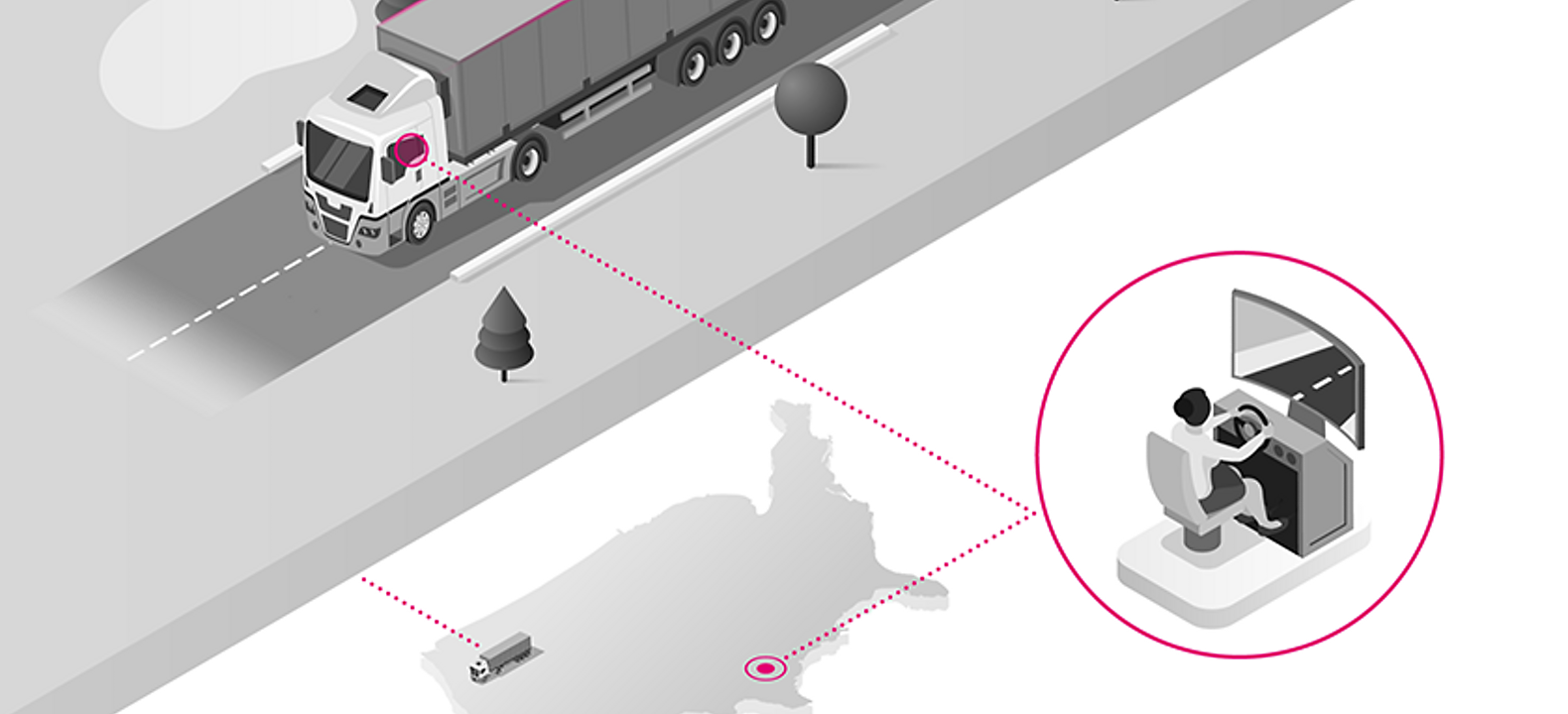 A 3D illustration of a long-haul carrier truck on road with a remote driver operating it.