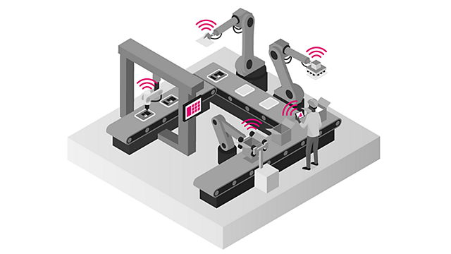 Illustration of person using tablet to interact with multiple points along an assembly line