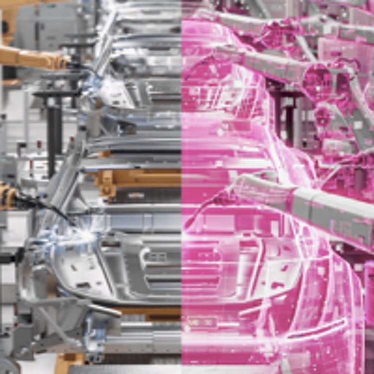 Robots on a car assembly line, with magenta lines superimposed over the right half