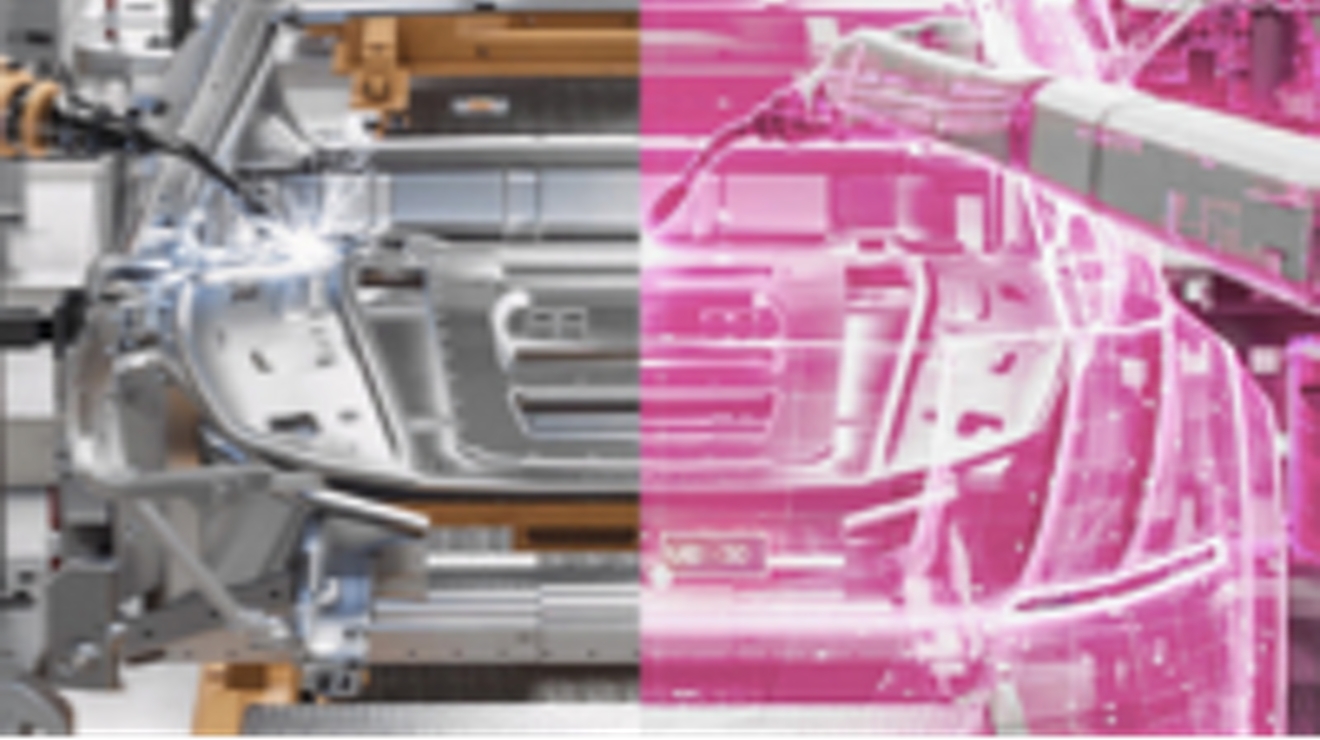Robots on a car assembly line, with magenta lines superimposed over the right half
