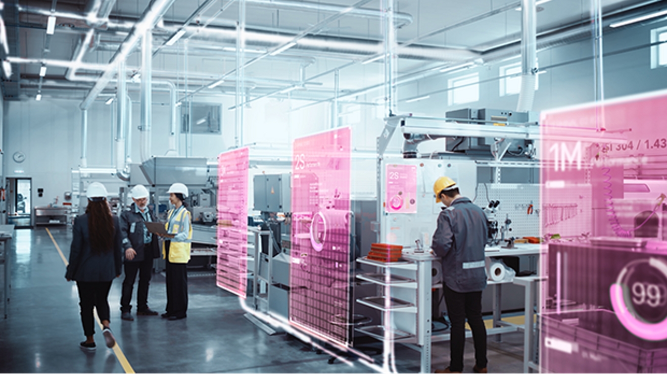 In a manufacturing space, workers in safety attire are surrounded by digital displays of data