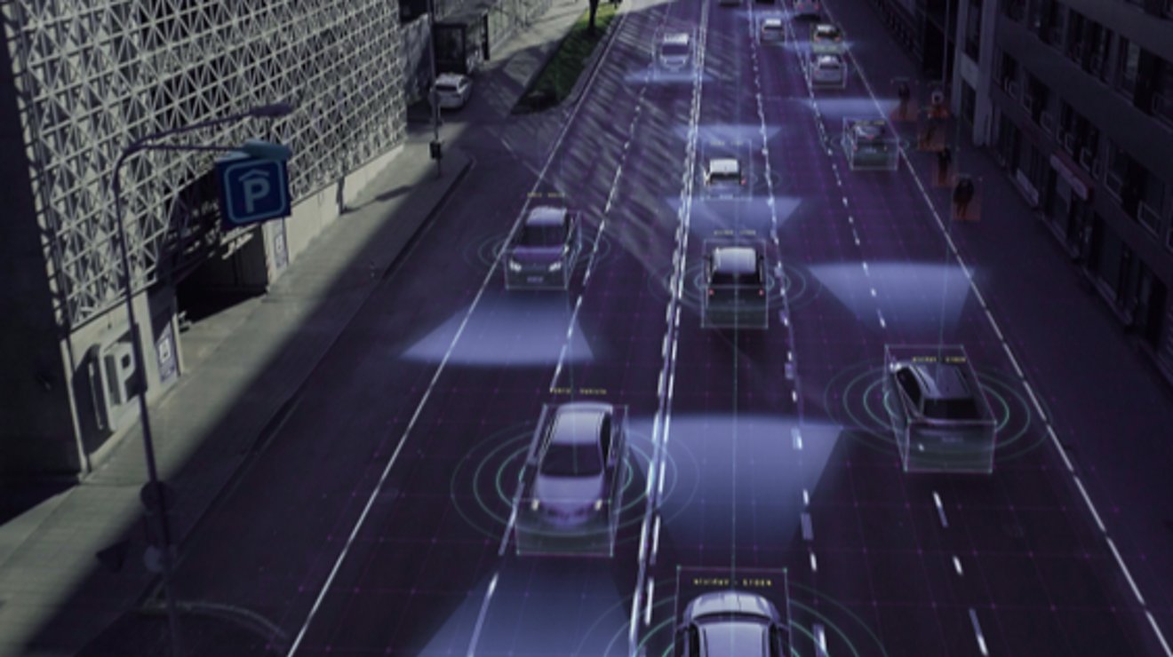 A purple-toned digital render of self-driving connected vehicles in motion.