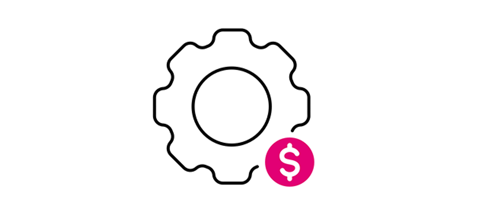Icon of a gear with a magenta dollar sign on the lower right side