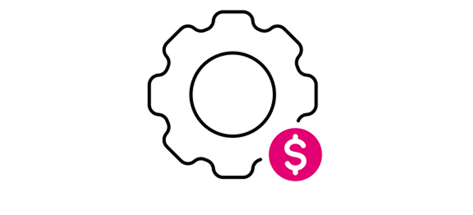 Icon of a gear with a magenta dollar sign on the lower right side