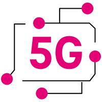 Magenta 5G text with lines leading out to small circles orbiting around it