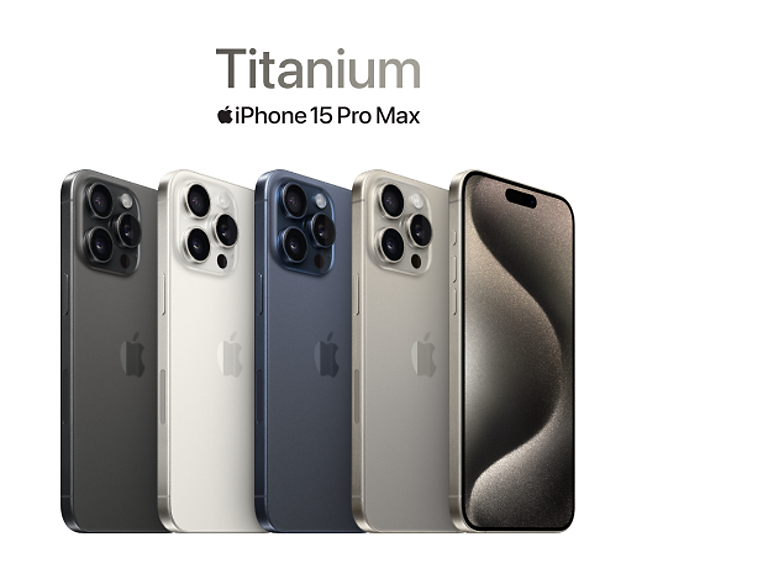 A lineup of five Titanium iPhone 15 Pro devices underneath the Titanium iPhone 15 Pro Max logo.