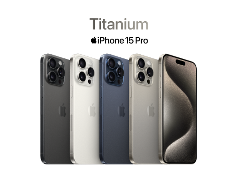 A lineup of five Titanium iPhone 15 Pro devices underneath the Titanium iPhone 15 Pro logo. 