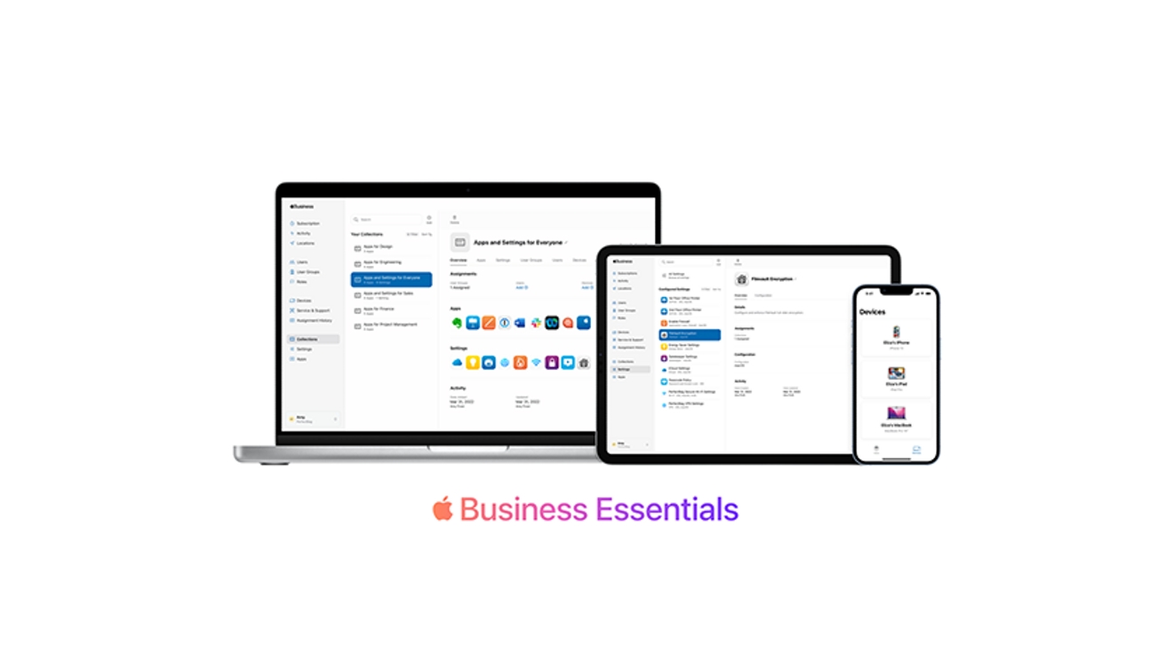 Laptop, tablet, and smartphone displaying productivity apps with the text "Business Essentials" below.