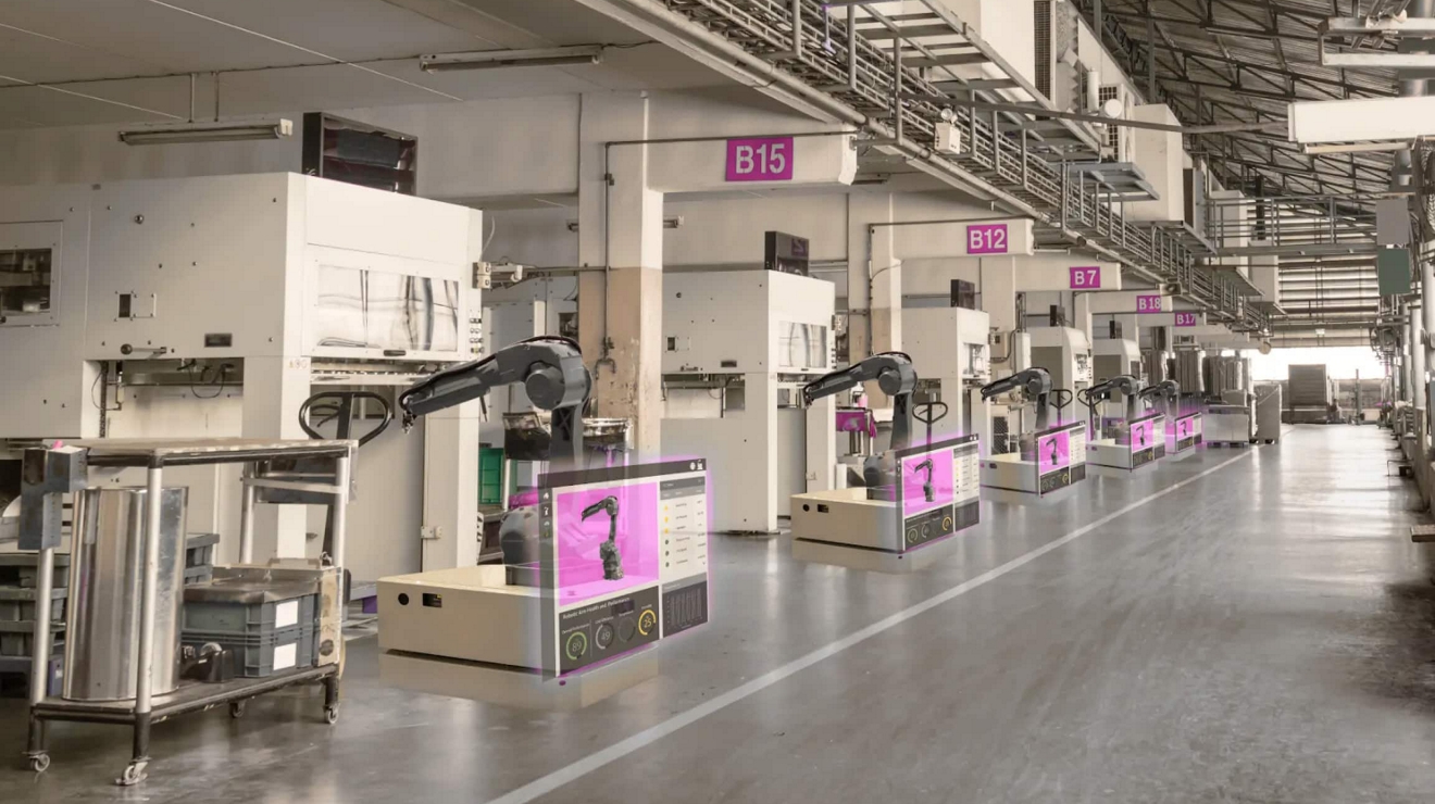 Robotic arms in a manufacturing facility, displaying performance stats from advanced IoT sensors.