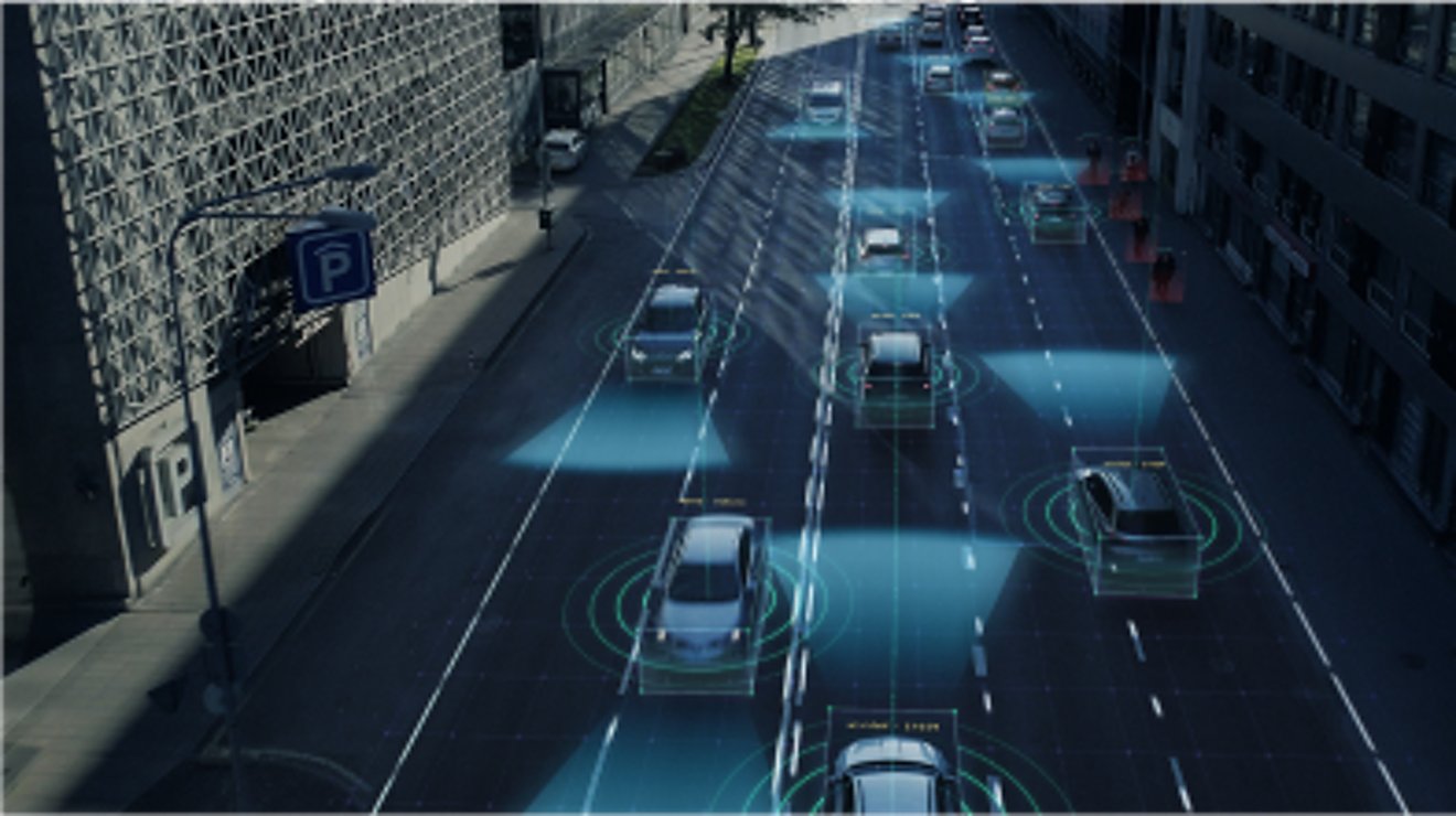 A blue-toned digital render of self-driving connected vehicles in motion.