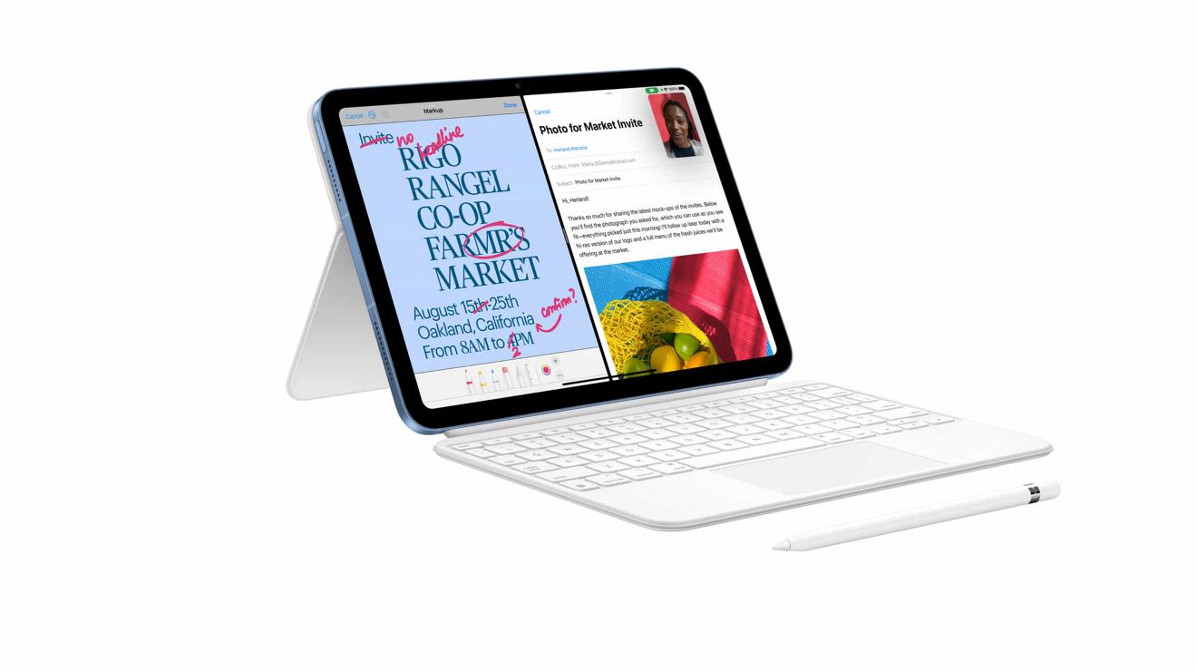 An iPad 10th generation with a keyboard and an Apple Pencil.