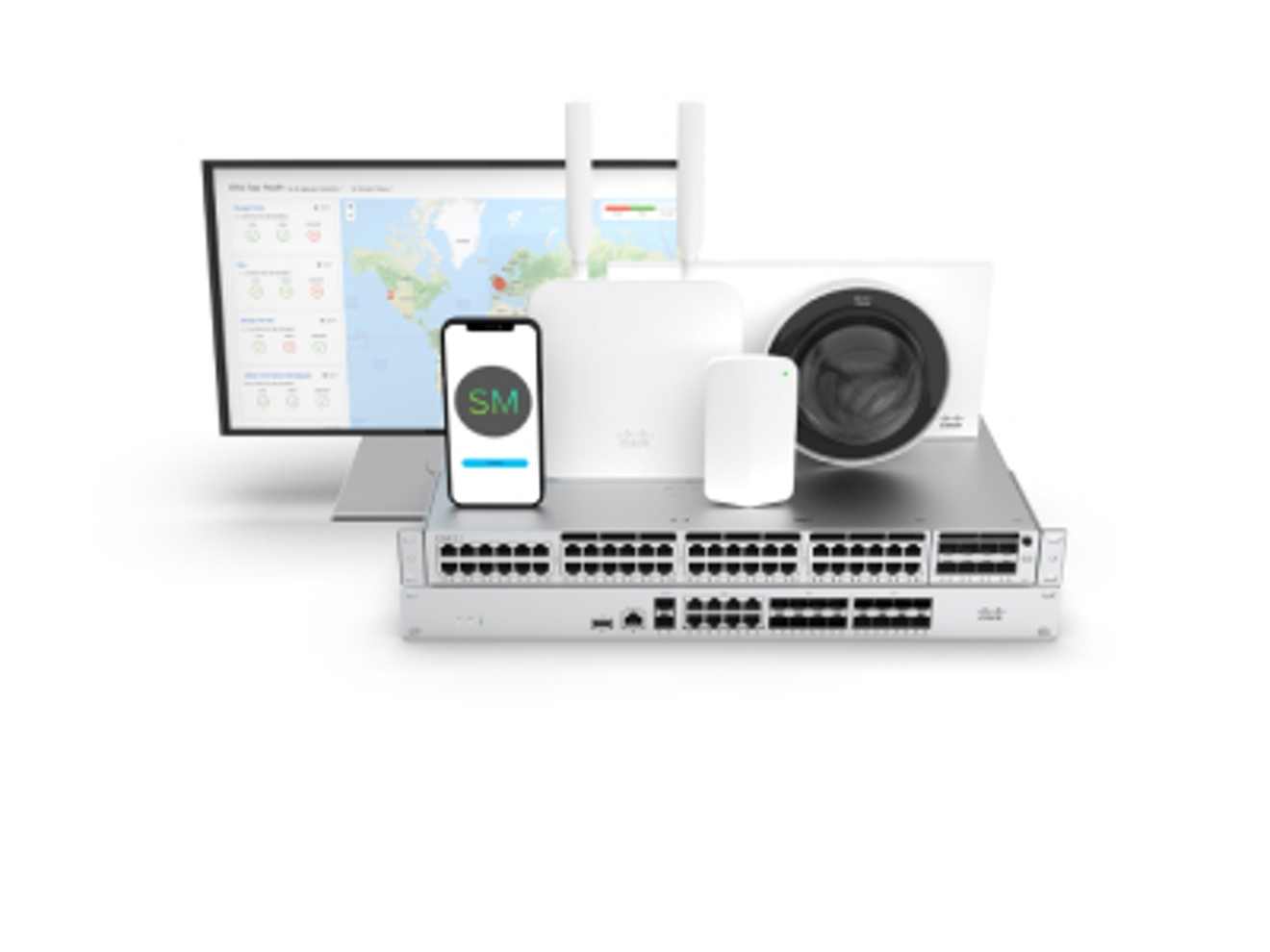 A collection of Cisco Meraki network hardware.