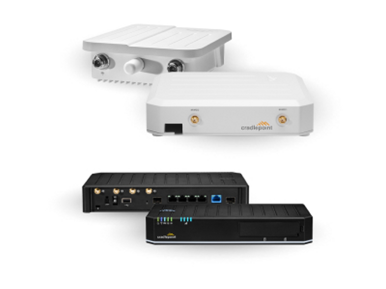 Two Cradlepoint routers and two adapters shown back and front.