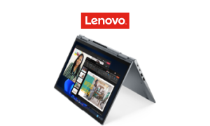 A ThinkPad X1 Yoga Gen 8 laptop and the Lenovo logo.