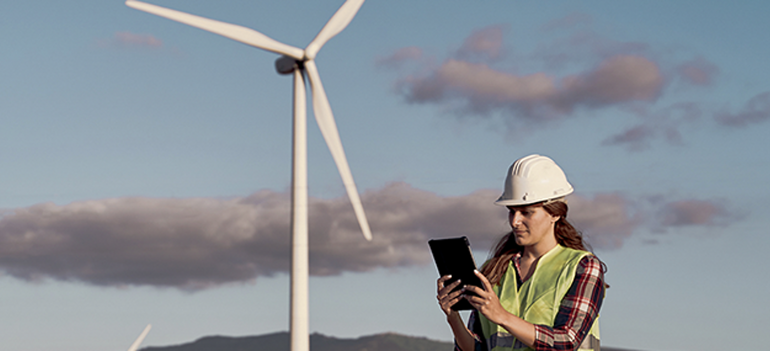 Field worker on wind power farm checks a tablet