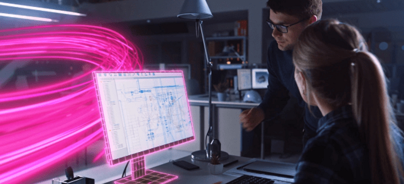 Colleagues discuss the information on a desktop computer while magenta beams indicate connectivity.