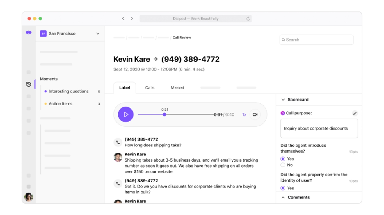 Dialpad call review and scorecard UI.