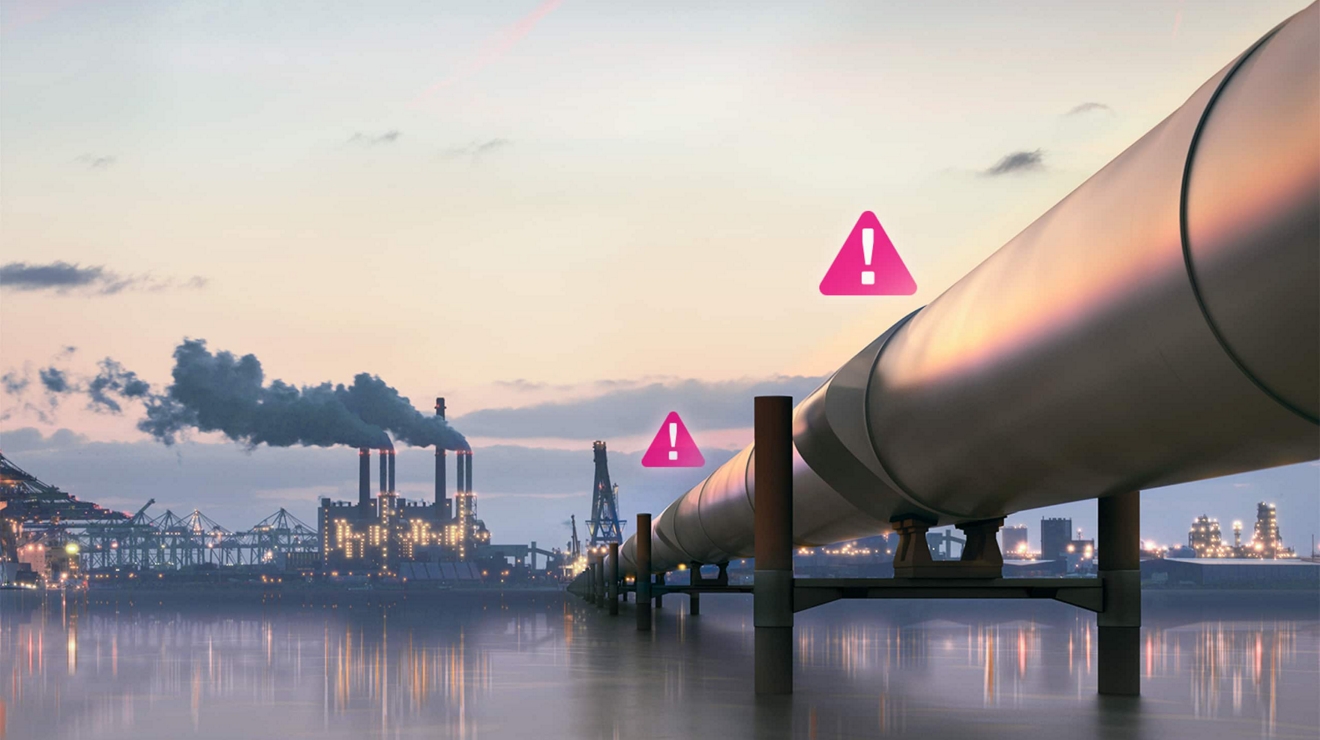An oil pipeline shows magenta alert icons, indicating potential problem areas.