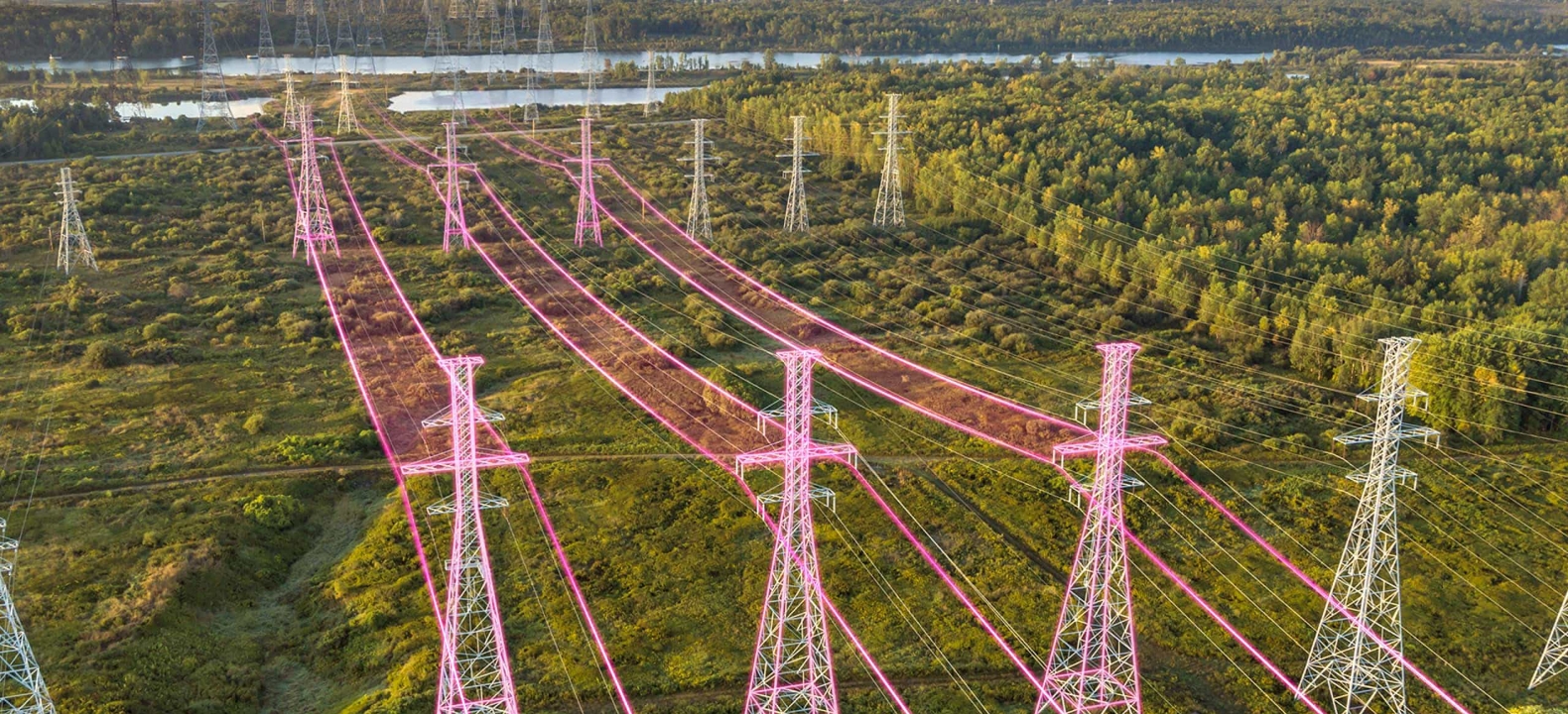 An aerial view of power lines and power line towers, most of which are magenta.