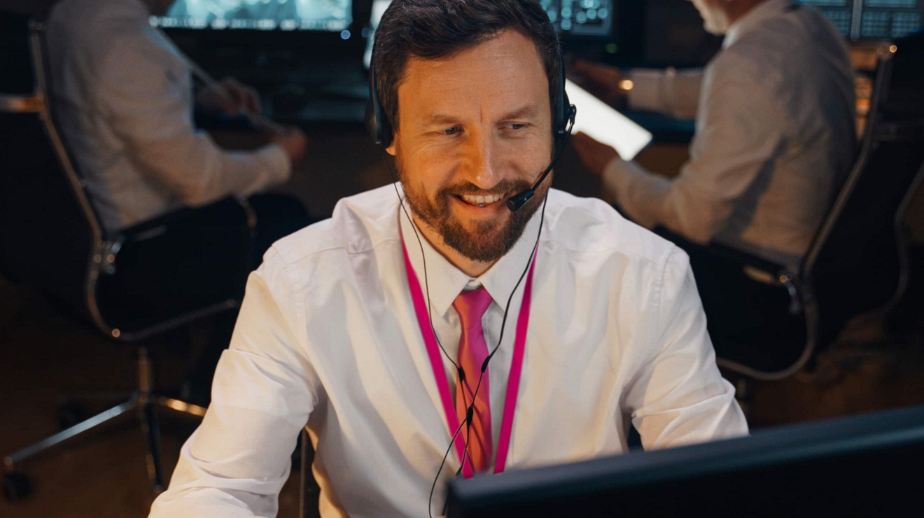 An engineer at the office smiles during an online meeting with a remote worker.