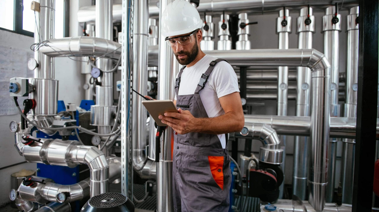 A worker at a natural gas processing facility uses their 5G-connected tablet.