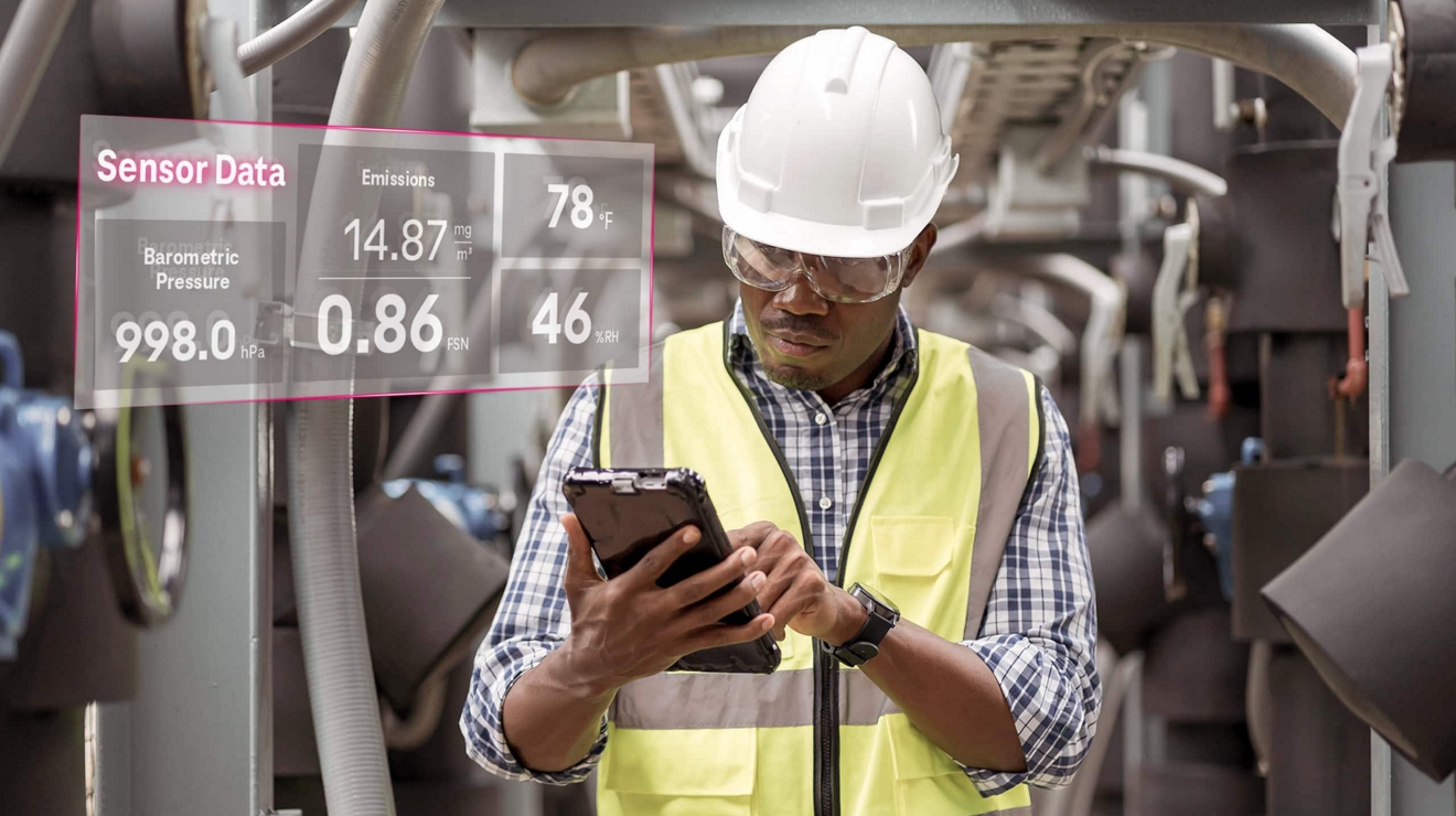 A plant operator refers to streamed sensor data on their connected device.