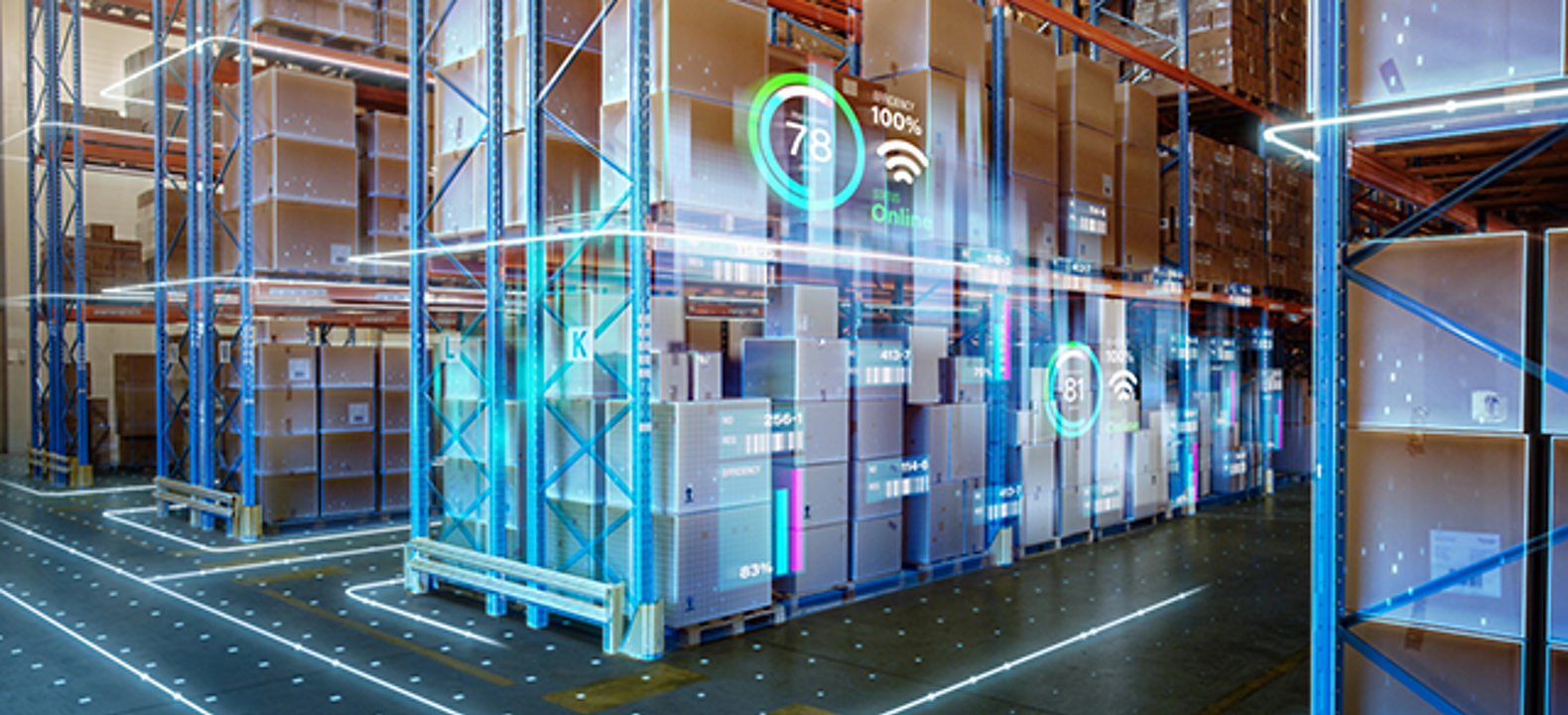 A smart warehouse superimposed with AR data.