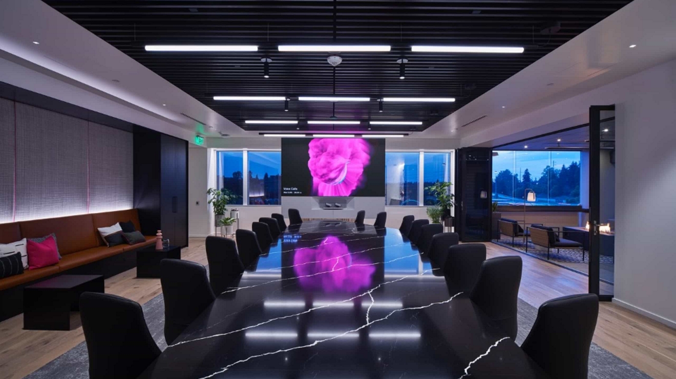 A virtual Executive Briefing session is set to begin in a company’s conference room.