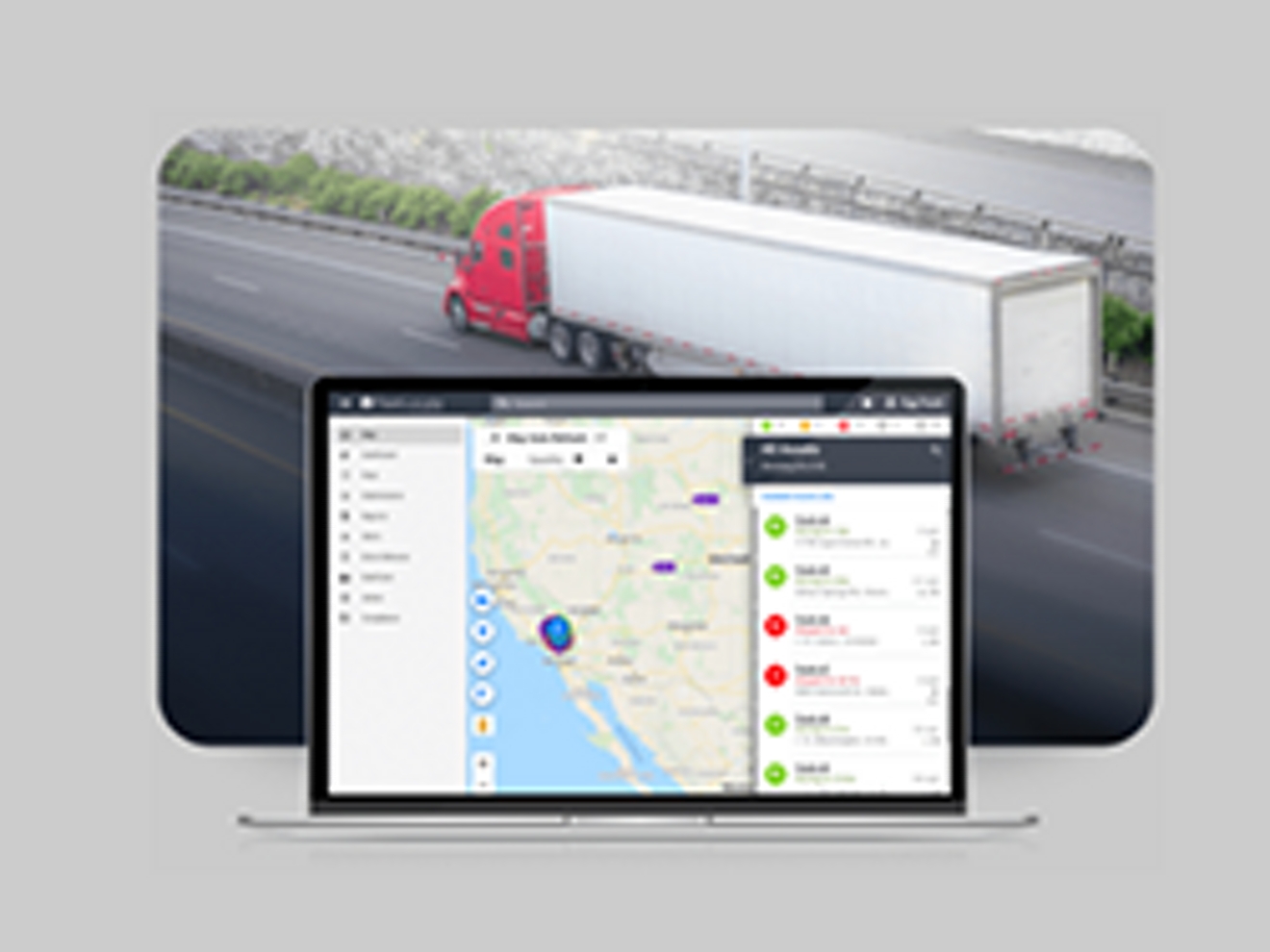 Laptop showing map with truck in background