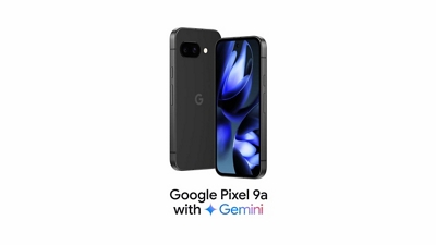 Two Google Pixel 9a devices with built-in Gemini, shown front and back.