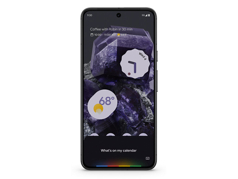 A Google Pixel 8 in black, with the screen displaying the temperature, date, and an upcoming appointment.  