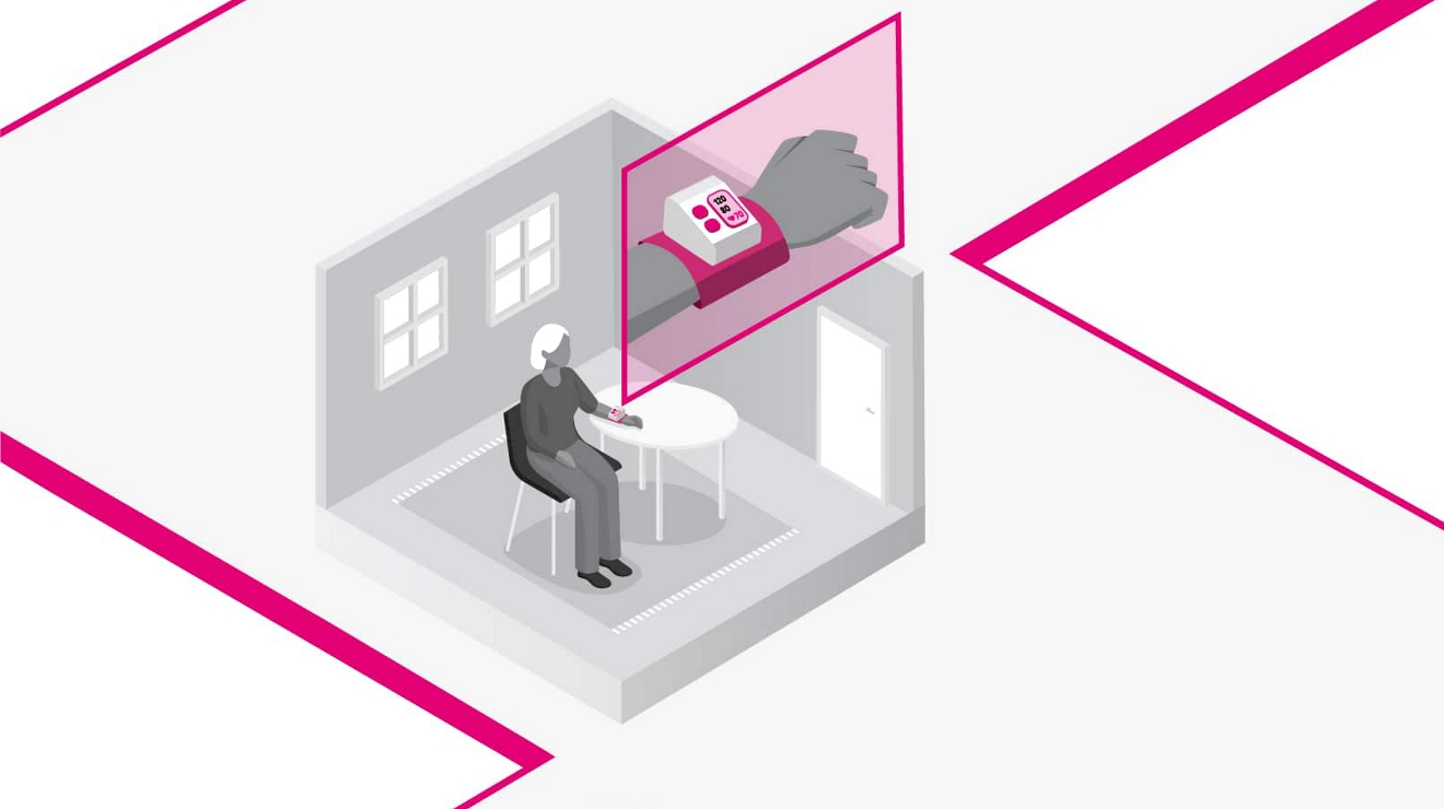 A patient monitors her blood pressure at home.