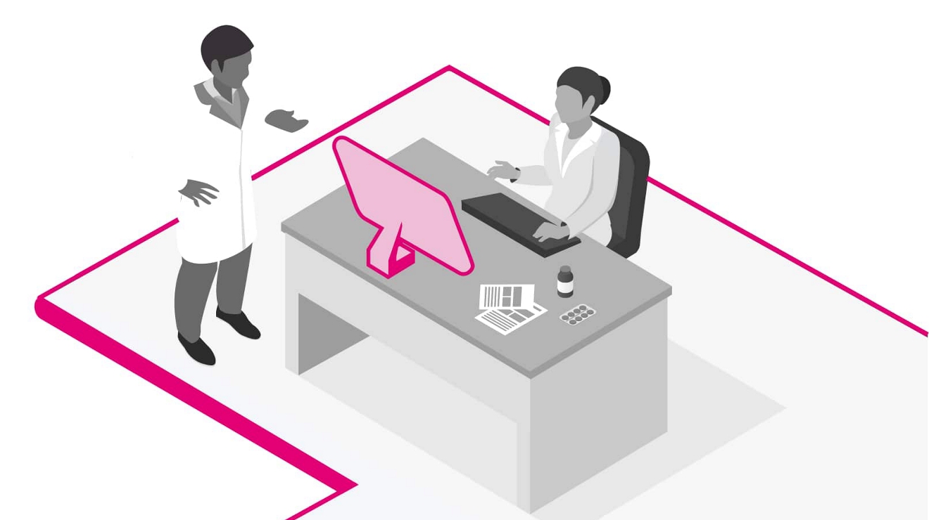 A doctor talks to a colleague seated at a desk. 