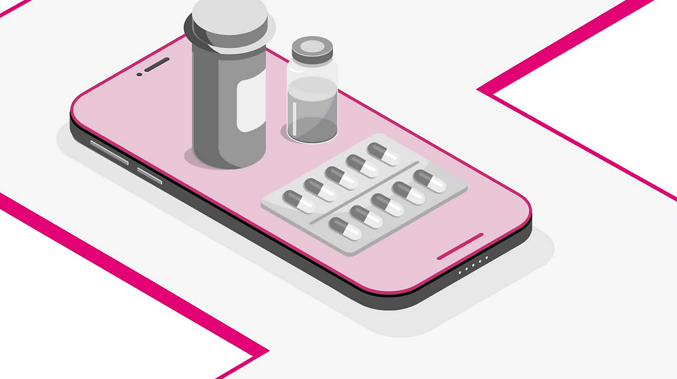 A bottle of prescription medication, a vial, and a blister pack of capsules on top of a smartphone.