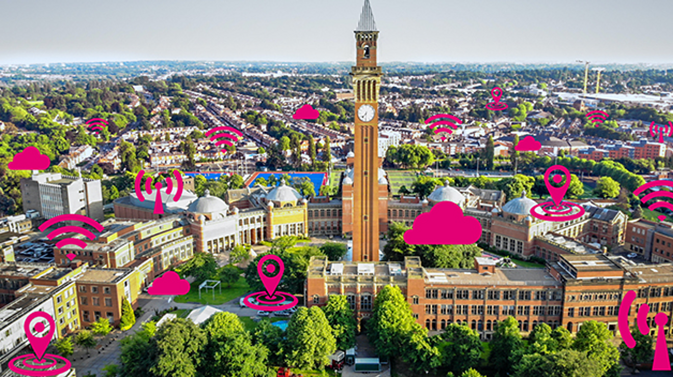 University campus with a giant clocktower in the middle and T-Mobile magenta colored icons scattered all over.