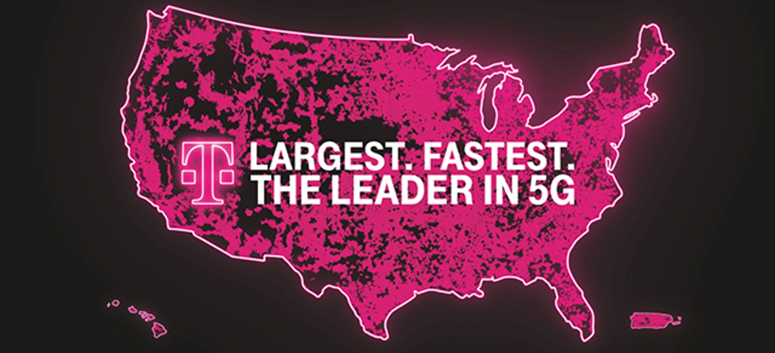 A T-Mobile coverage map reads “Largest. Fastest. The Leader in 5G.”
