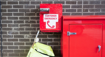 Red emergency phone boxes.