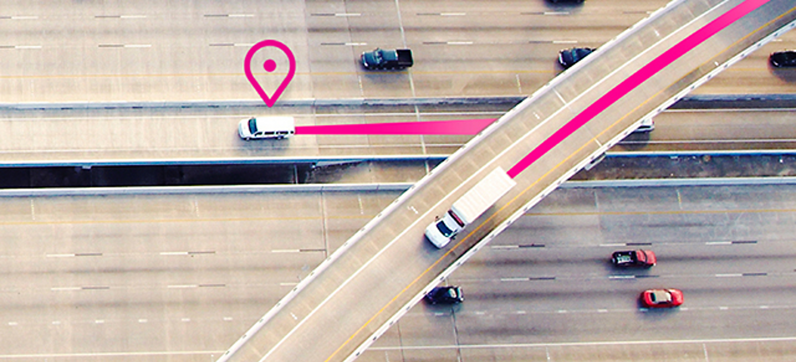 Overhead view of two white trucks on the highway with a location icon and magenta lines in back of vehicles