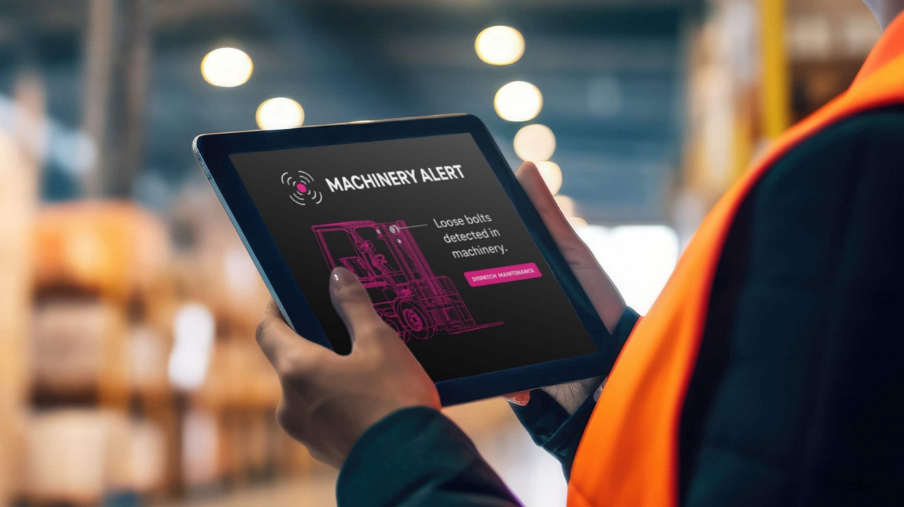 A warehouse employee receives an alert on their tablet about loose bolts detected in some machinery.