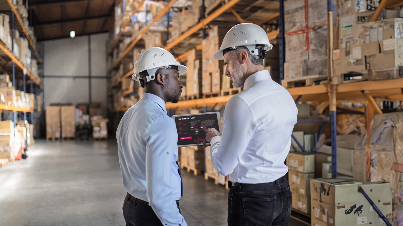 Two professionals in a warehouse discuss a low-inventory alert displayed on a tablet. 