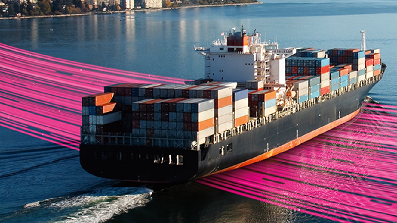 Container ship in motion across a channel, with magenta lines of light sweeping across the scene.