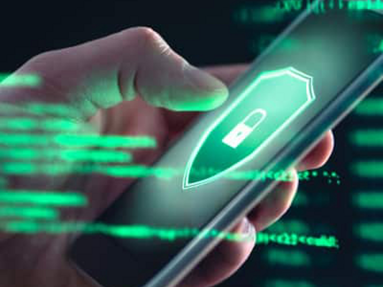 A hand holds a mobile phone with a screen displaying a shield and a lock. 