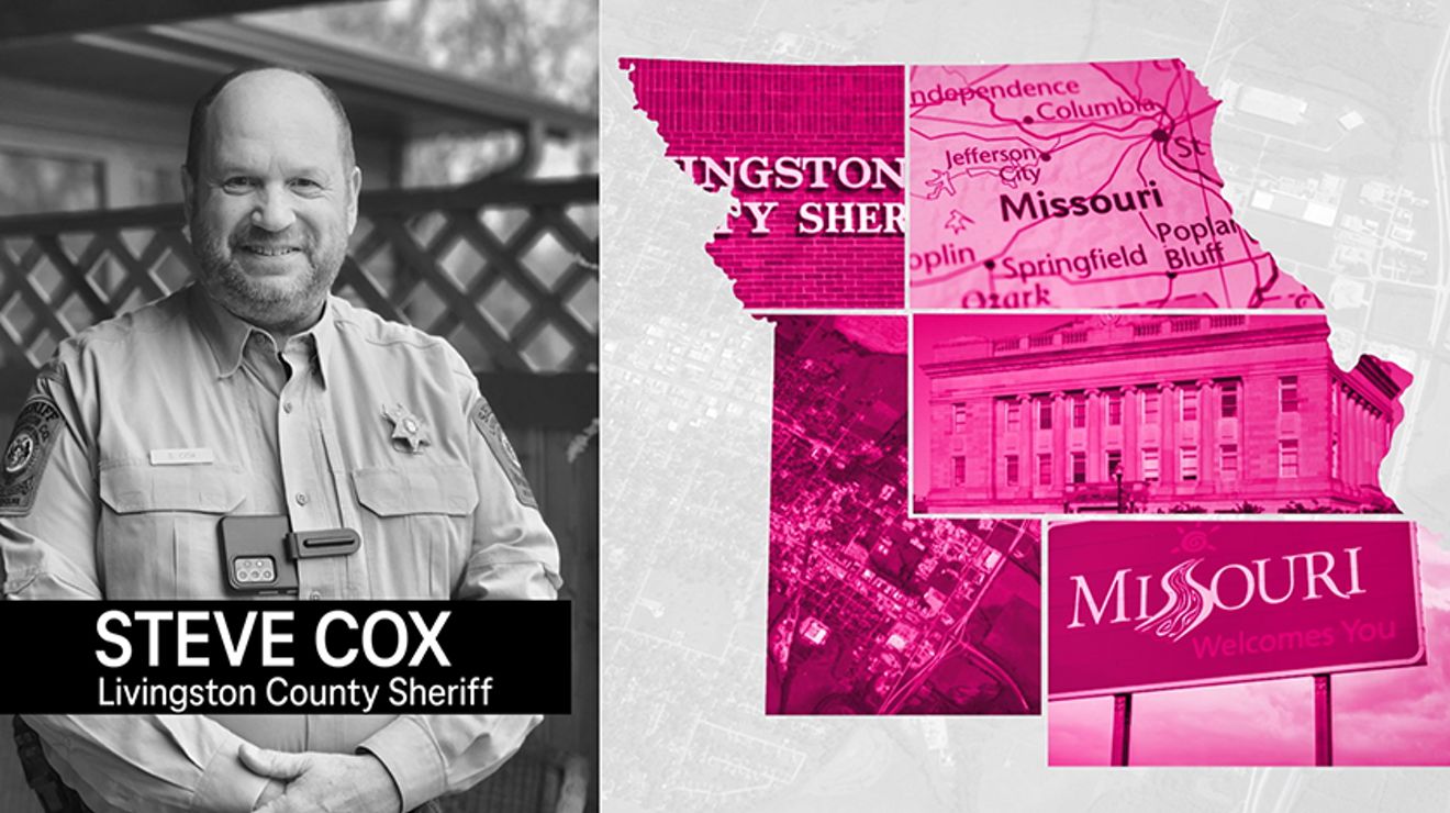 A picture of Sheriff Steve Cox in black and white next to a magenta Missouri map