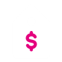 White outline of a price tag with a magenta dollar sign