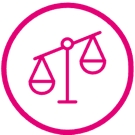 Illustration of red circle with a scale tipping down to the left in the center