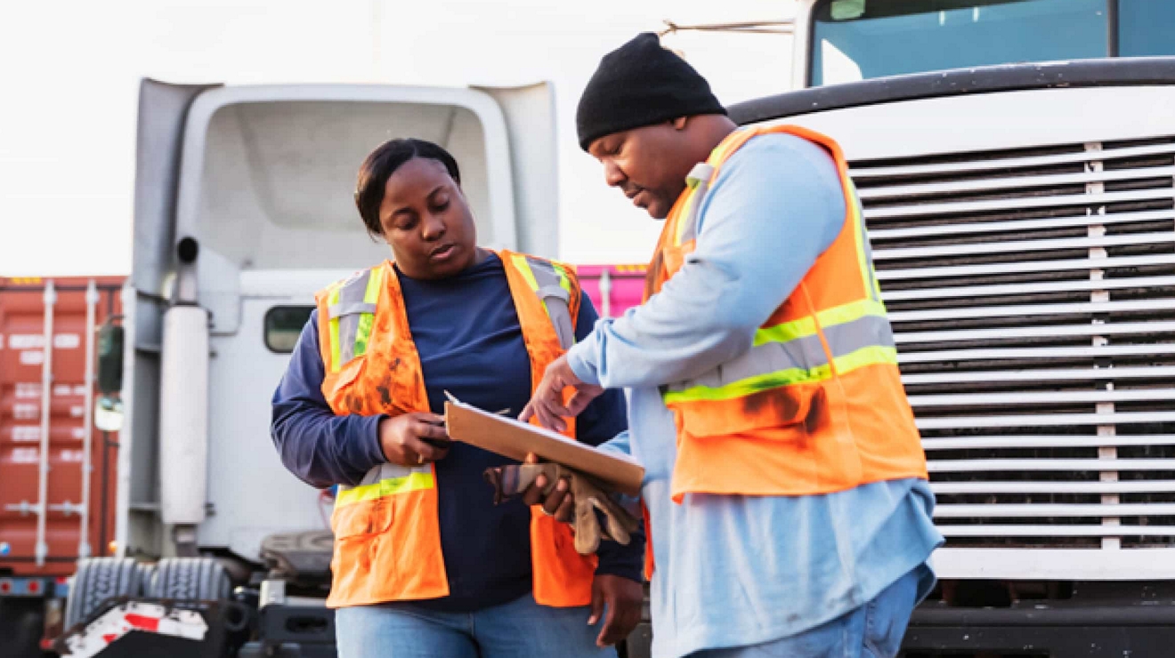 Two transportation workers in orange safety vests strategize their day’s assignments.