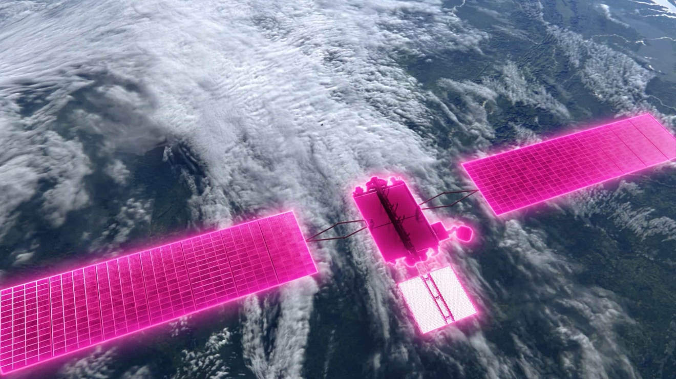 A magenta Starlink satellite in orbit above an ocean.